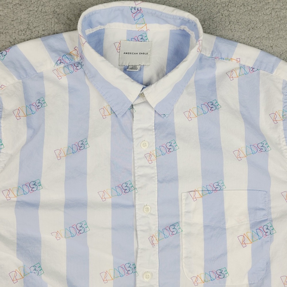 American Eagle Shirt Men's Large White Blue Striped Paradise Colorful Button Up
